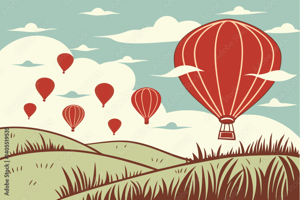 Obraz premium 87 Red hot air balloons, grassy field, blue sky with clouds, symmetry, one balloon rising higher, conceptual image, leadership concept, standing out from the crowd, achievement, success, competitive a