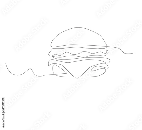 Gambar hamburger dengan satu garis, background putih, Siluet burger restoran cepat saji dengan keju, potongan daging, dan salad. Logo makanan jalanan dengan desain modern.