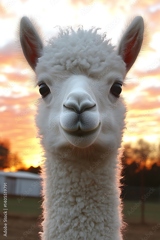 Obraz premium Close-up of a White Alpaca Face with a Stunning Sunset Backdrop