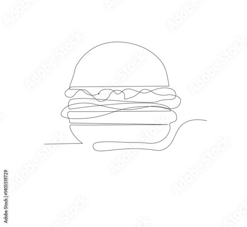 Gambar hamburger dengan satu garis, background putih, Siluet burger restoran cepat saji dengan keju, potongan daging, dan salad. Logo makanan jalanan dengan desain modern.