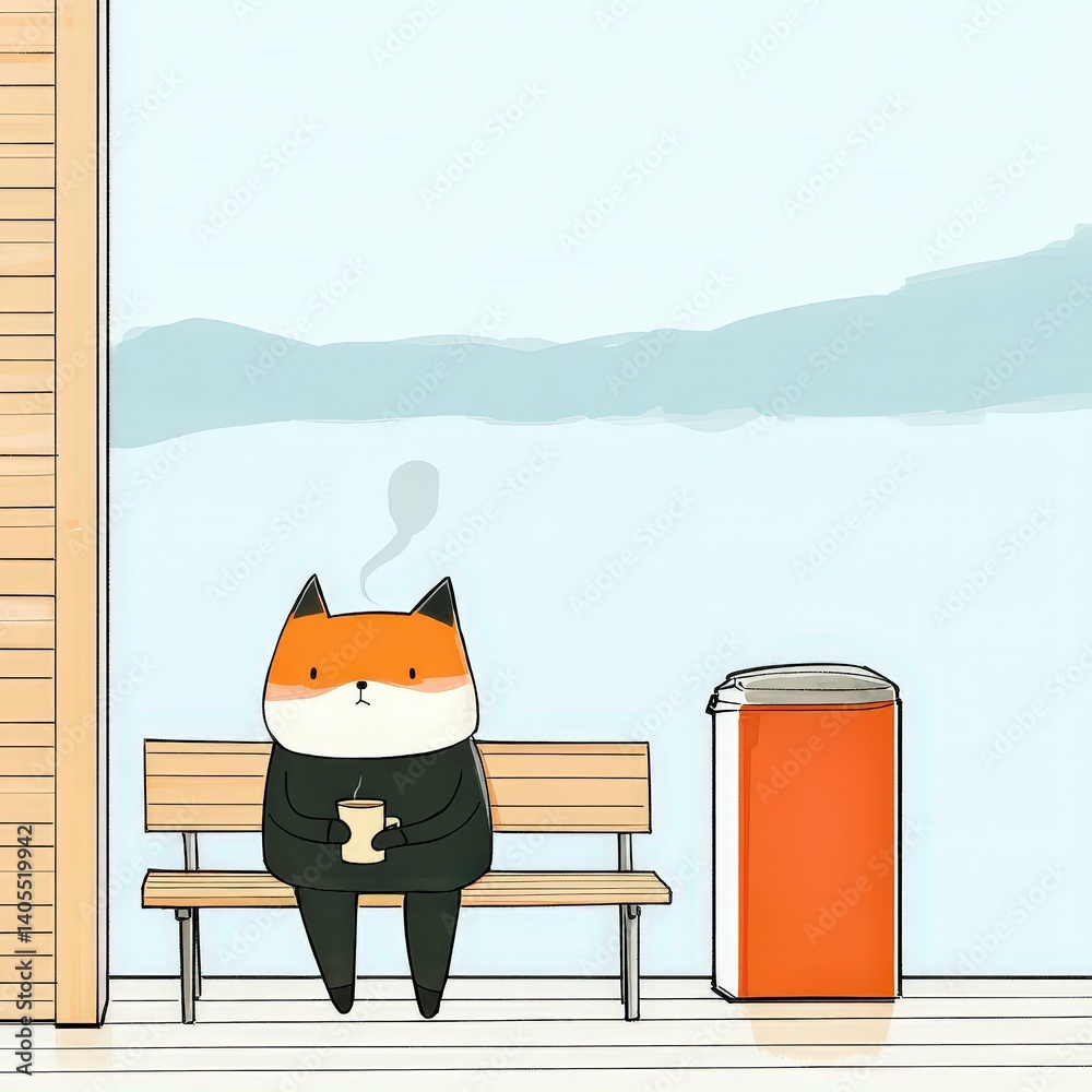 A sleepy fox character sipping tea on a foggy mountain cabin porch in pastel colors