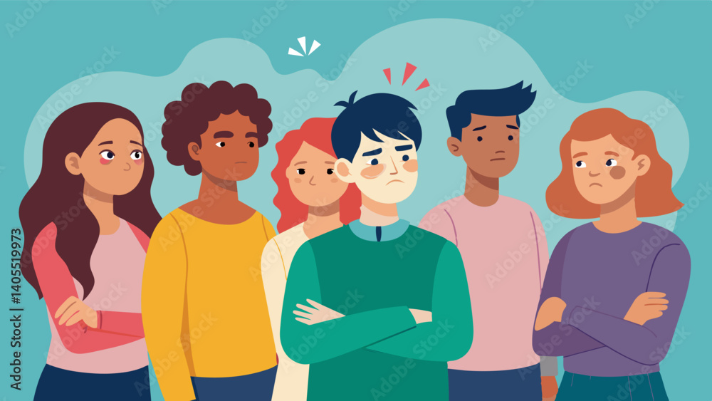 A group of teenagers experiencing bullying and social exclusion due to not fitting in with the popular and idealized standards of beauty perpetuated on social media.. Vector illustration