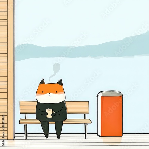Obraz na płótnie A sleepy fox character sipping tea on a foggy mountain cabin porch in pastel colors w salonie