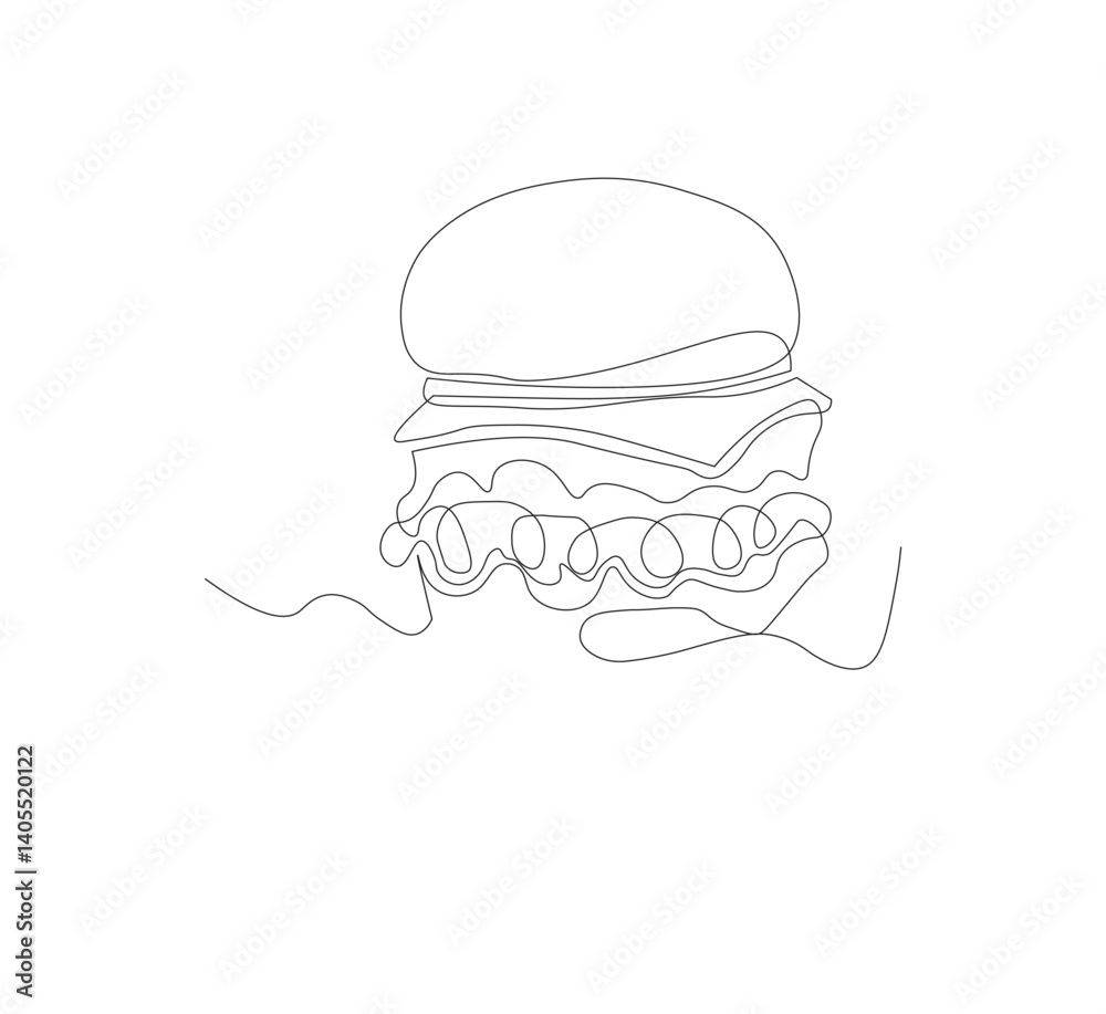 Gambar hamburger dengan satu garis, background putih, Siluet burger restoran cepat saji dengan keju, potongan daging, dan salad. Logo makanan jalanan dengan desain modern. Gambar hamburger dengan satu garis, background putih, Siluet burger restoran cepat saji dengan keju, potongan daging, dan salad. Logo makanan jalanan dengan desain modern.