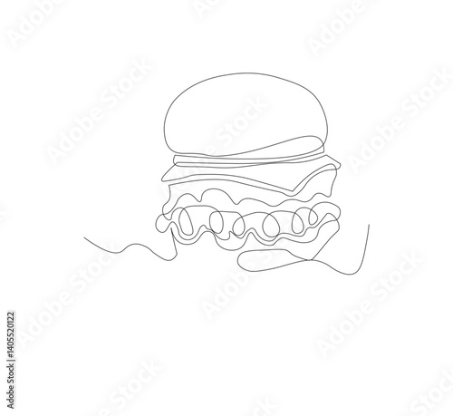 Gambar hamburger dengan satu garis, background putih, Siluet burger restoran cepat saji dengan keju, potongan daging, dan salad. Logo makanan jalanan dengan desain modern.