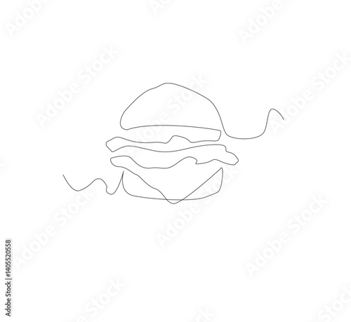 Gambar hamburger dengan satu garis, background putih, Siluet burger restoran cepat saji dengan keju, potongan daging, dan salad. Logo makanan jalanan dengan desain modern.