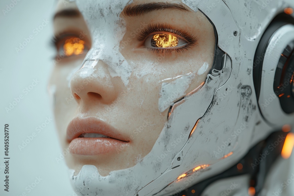 Fototapeta premium Futuristic robotic figure with luminous eyes showcases advanced technology in close-up view