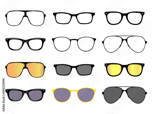 Set of glasses of various shapes and sizes. Sunglasses icon vector collection