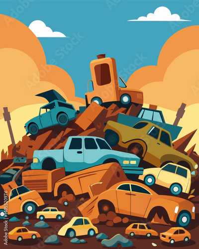 A scrapyard overflowing with rusty car parts discarded and forgotten after being rep by newer models.. Vector illustration
