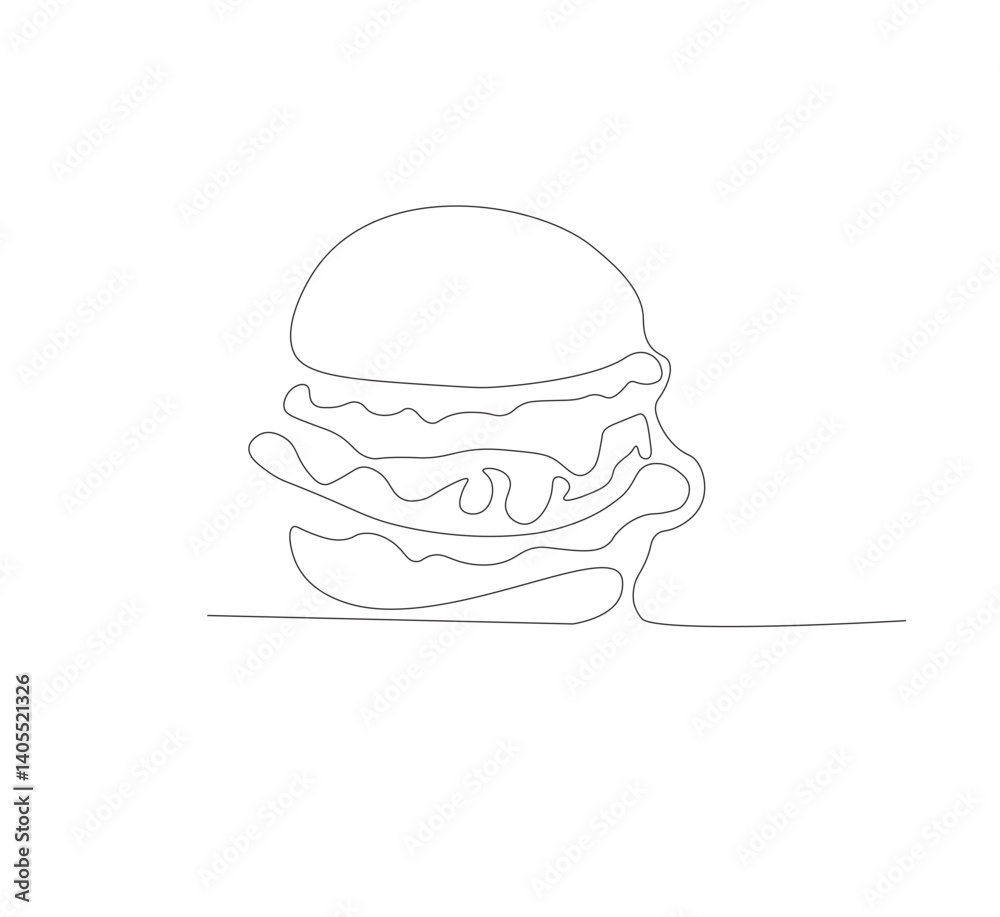 Gambar hamburger dengan satu garis, background putih, Siluet burger restoran cepat saji dengan keju, potongan daging, dan salad. Logo makanan jalanan dengan desain modern. Gambar hamburger dengan satu garis, background putih, Siluet burger restoran cepat saji dengan keju, potongan daging, dan salad. Logo makanan jalanan dengan desain modern.
