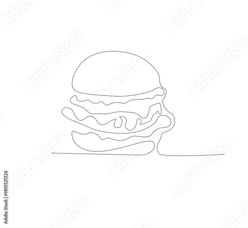 Gambar hamburger dengan satu garis, background putih, Siluet burger restoran cepat saji dengan keju, potongan daging, dan salad. Logo makanan jalanan dengan desain modern.