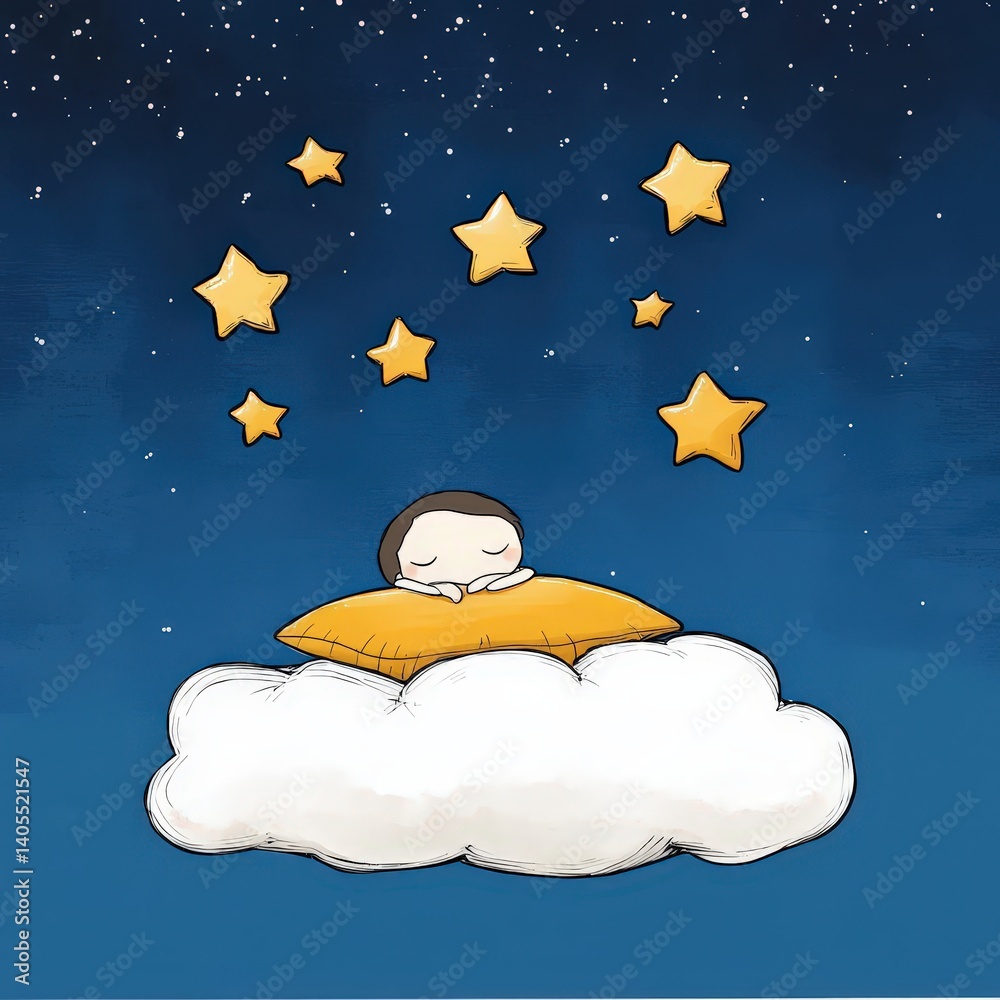 A little cartoon kid sleeping on a cloud in a fantasy sky with stars and floating pillows