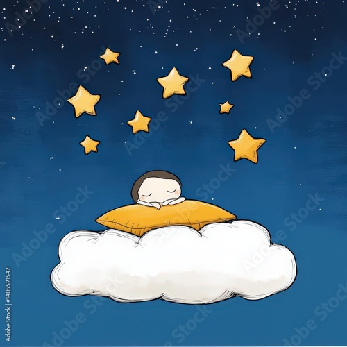 Obraz na płótnie A little cartoon kid sleeping on a cloud in a fantasy sky with stars and floating pillows w salonie