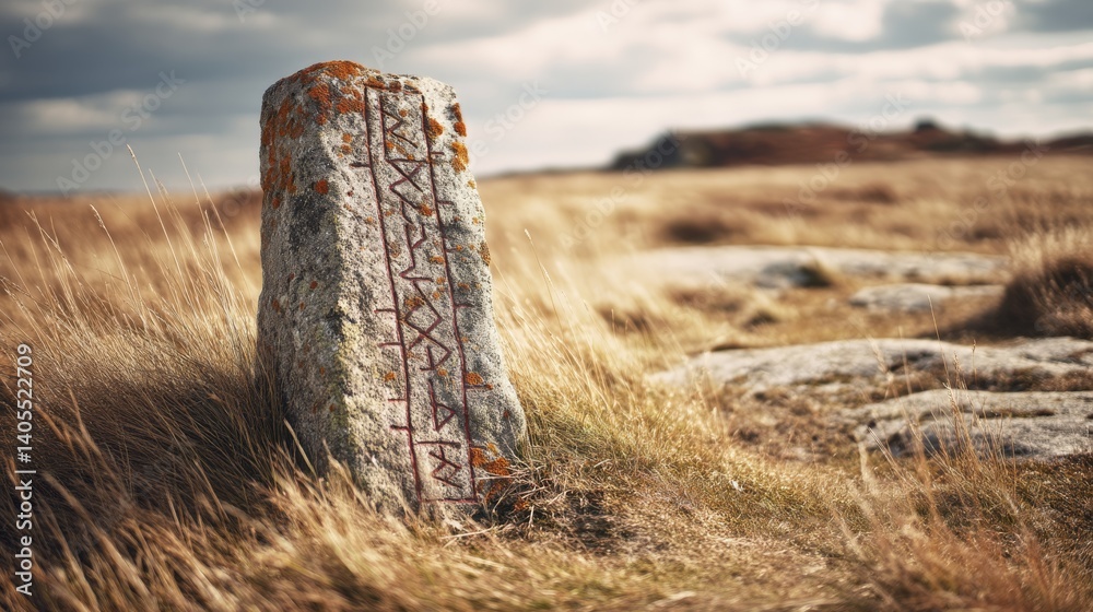 Ancient rune stone standing solitary in a windswept field evokes a sense of history amidst rugged beauty.