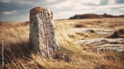 Ancient rune stone standing solitary in a windswept field evokes a sense of history amidst rugged beauty.