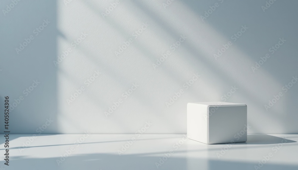 Fototapeta premium Minimalist white cube in sunlit room artistic photography modern interior bright environment perspective focus contemporary concept