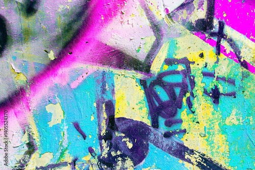 Graffiti art with neon purple, aqua, yellow on textured wall. Urban 90s, Y2K aesthetic, vibrant street style. Posters, digital art, creative banner, modern 2000s visuals.