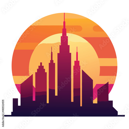 Abstract futuristic city skyline at sunset in grad. Abstract Futuristic City Skyline Sunset Gradient Modern Urbanscape Metropolis