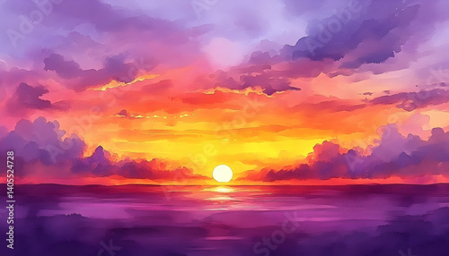 Vibrant sunset over a calm ocean, with colorful clouds reflecting on the water's surface