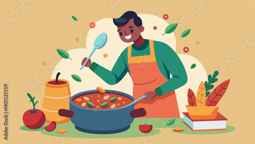 A person preparing a batch of vegetable and bean chili batch cooking for the week to make sure they have healthy homemade meals on hand.. Vector illustration
