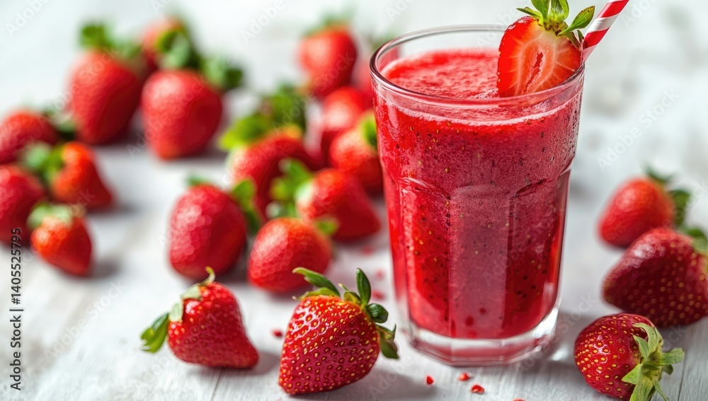 Glass of Fresh Strawberry Juice with Ripe Strawberries on White Background

