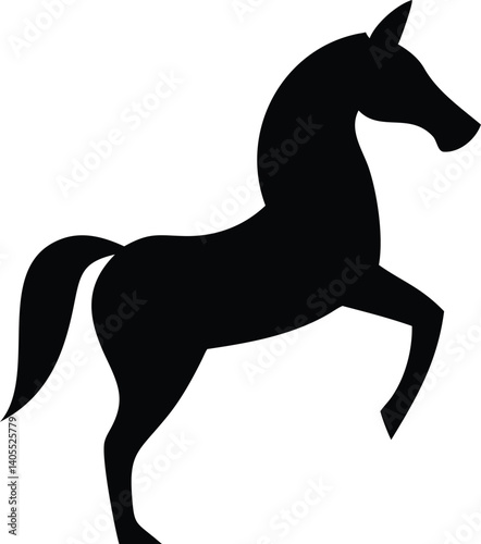 Black silhouette, stylized horse, minimalist design, elegant pose, prancing stallion, sleek profile, sharp contours, graphic art, negative space, iconic equine form, simplified shapes, bold contrast