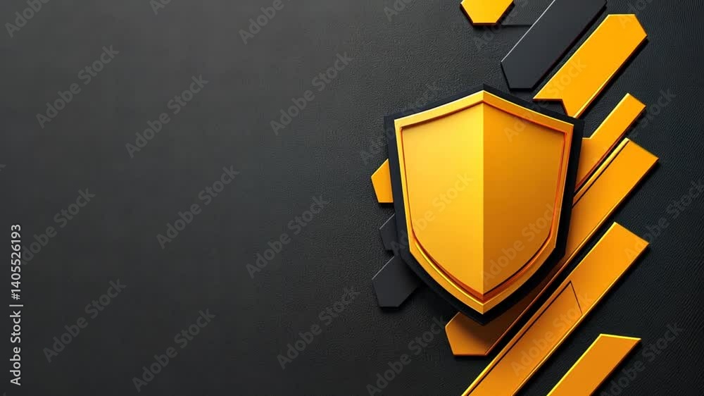 Abstract design featuring a golden shield on a dark textured background with dynamic lines