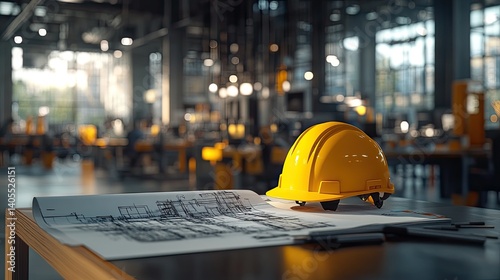 Yellow hard hat resting on architectural blueprints within a modern industrial workspace.