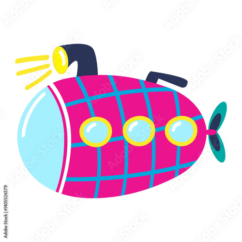 Cartoon submarine in bright pink and blue colors. Simple flat design with round windows and propeller. Perfect for kids, sea themes, and educational materials