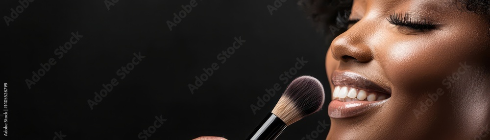 Obraz premium A close-up of a smiling person applying makeup with a brush, showcasing a radiant complexion against a dark background.