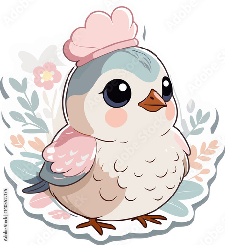 Cute pastel cartoon bird with a charming fluffy hat, sitting happily surrounded by colorful flowers