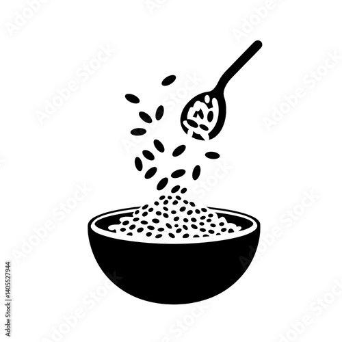 Bowl of rice icon with spoon in black silhouette style