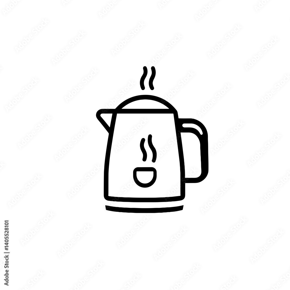 Obraz premium Electric kettle icon with steam in black outline on white background