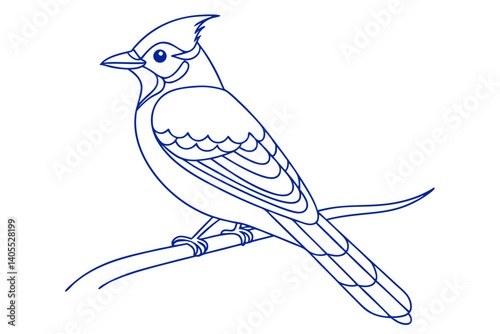 Elegant Blue Jay Line Art Illustration Perched On Branch Simple Design
