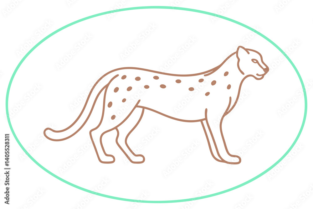 Fototapeta premium Elegant Minimalist Cheetah Line Art In Green Oval Frame On White
