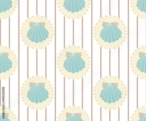 Elegant seamless pattern with blue scallop shells in round medallions. Soft pastel colors. Perfect for fabric, wallpaper, and vintage-themed designs