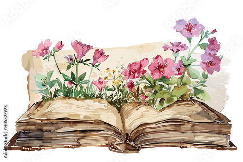An open book in a brown cover with white pages lies surrounded by summer wildflowers of white chamomile, blue bells and green herbs. hand drawn watercolor illustration on white background for your des