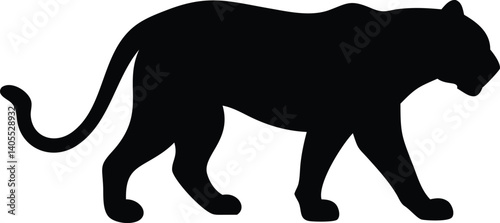 Black silhouette, big cat, feline predator, sleek profile, walking panther, jungle cat, powerful stance, smooth contours, wildlife icon, graphic design, minimalist illustration, solid shape