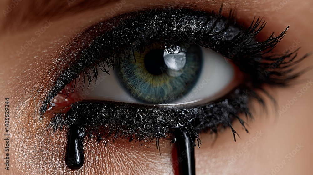 Mascara dripping like crude oil from human eye to illustrate the dark cost of cosmetic waste and environmental neglect