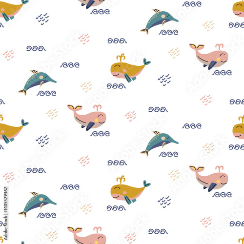 Seamless pattern with smiling cartoon whales, dolphins, and waves. Soft pastel colors. Perfect for kids fabric, wrapping paper, and nursery decor
