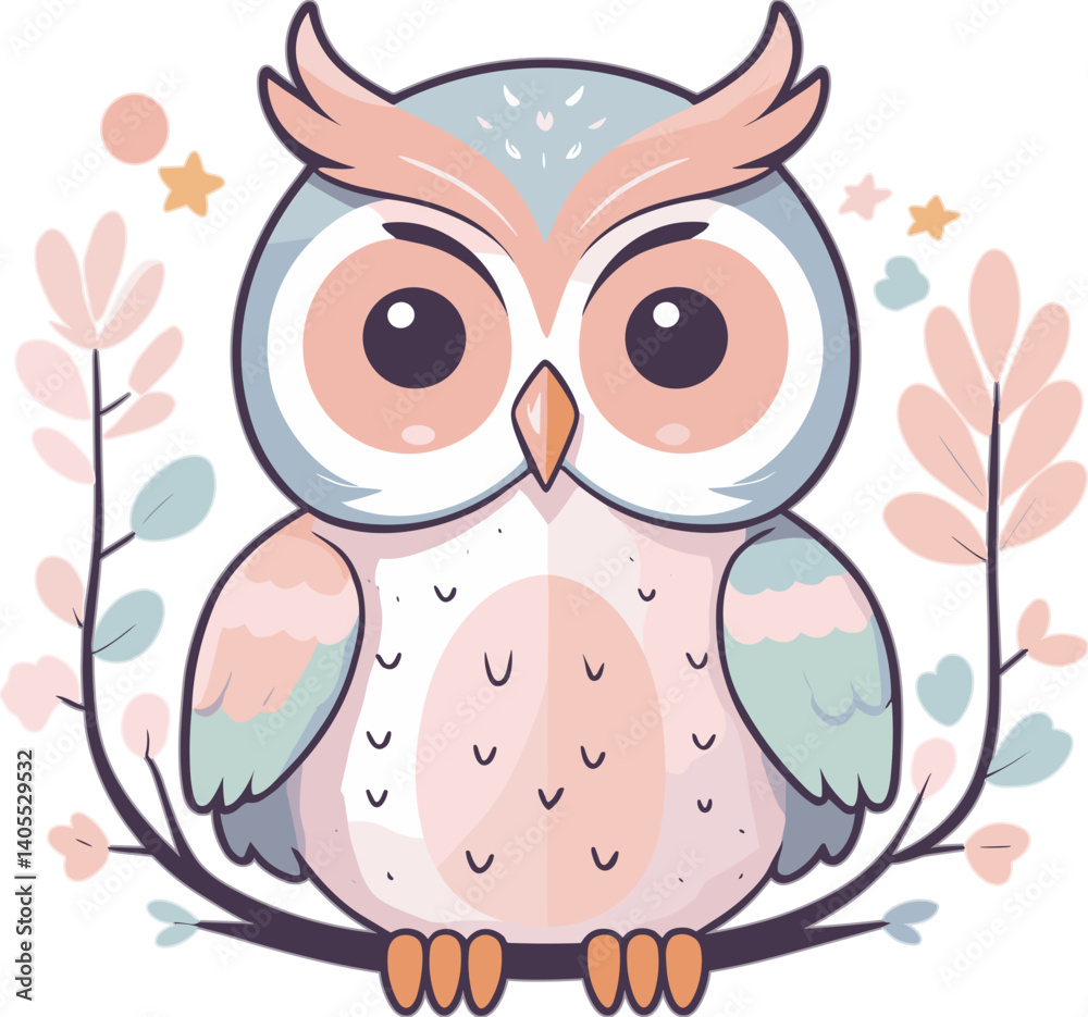 Obraz premium Cute pastel cartoon owl sitting on a branch with a cheerful expression and surrounded by whimsical leaves and stars