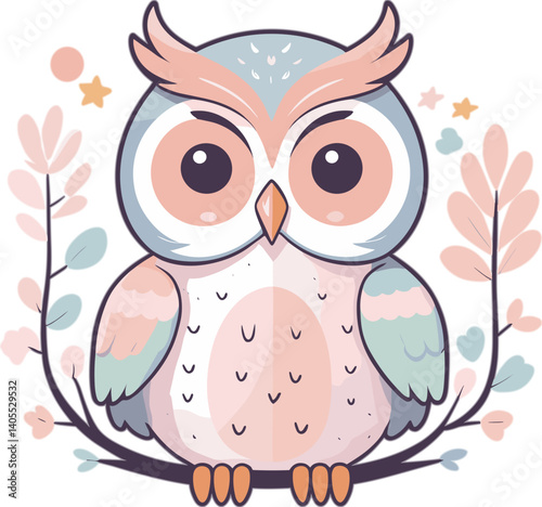 Cute pastel cartoon owl sitting on a branch with a cheerful expression and surrounded by whimsical leaves and stars