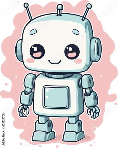 Cute pastel cartoon robot with a cheerful expression, standing happily against a playful background