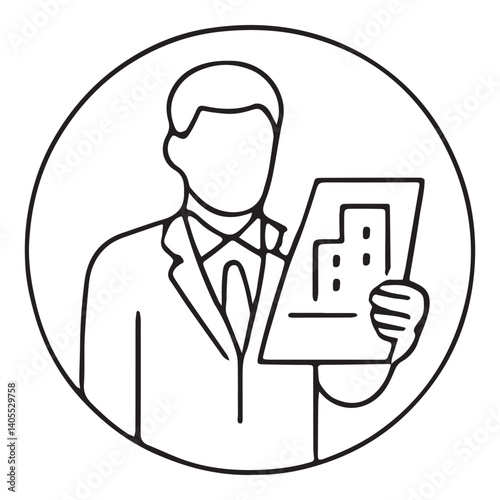 Line icon of businessman holding construction plan: pharmaceutical facility investment, industrial development, and business planning strategy. Strategic Facility Investment concept