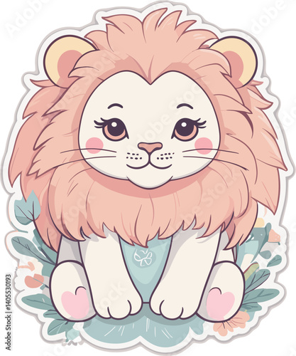 Cute pastel cartoon lion sitting with a cheerful expression and fluffy mane surrounded by floral decor