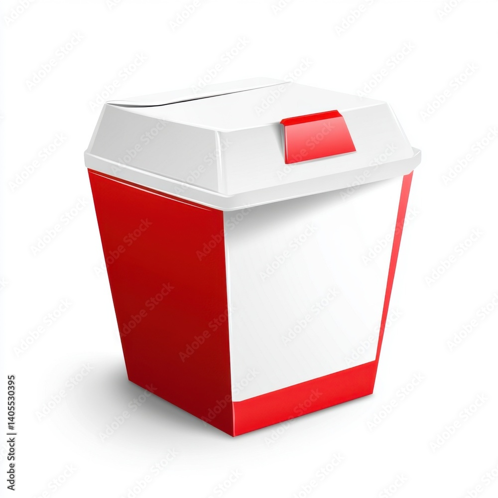 A stylized red and white takeout container, commonly used for food, featuring a lid and a modern design.