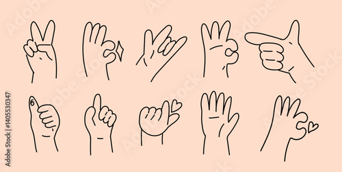 Gestures and hands showing non verbal elements of communication. Ve illustration of one line of hand gestures .Vector illustration.