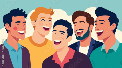 A joyful photo of a group of male models laughing and having fun breaking stereotypes of rigid masculinity in the fashion world.. Vector illustration