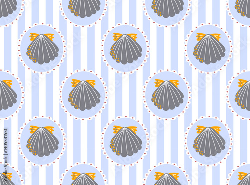 Seamless pattern with dark seashells in oval frames on light blue striped background. Cute and simple marine design. Perfect for fabric, wrapping, or kids decor