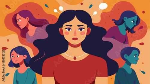 A woman experiencing panic attacks and low selfesteem as she tries to keep up with the everchanging beauty standards dictated by the media.. Vector illustration